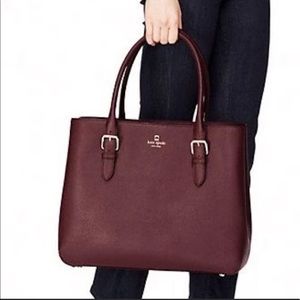 Kate Spade Airel Wine Cross-Hatch Leather Tote Bag 14-K Gold Plated Details NEW